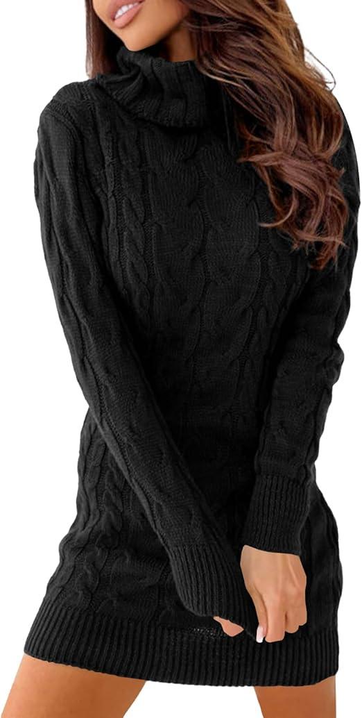 Langwyqu Womens Cable Knit Sweater Dress Sexy Long Sleeve Bodycon Turtleneck Mini Fall Sweaters Dresses, M