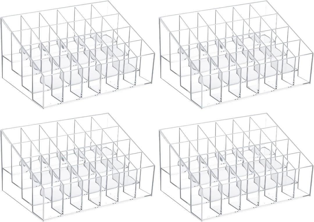 4 Pack Acrylic Lipstick Holder Organizer, 24 Slot Clear Lip Gloss Holder, Lipstick Display Stand for Lipsticks, Lip Balms, Makeup Brushes & Nail