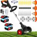 Electric Weed Wacker Cordless Eater No String Trimmer Battery Powered, 3 In 1 Lightweight Grass Trimmer/Brush Cutter/Lawn Edger with Wheels,Metal Blade&Charger, Stringless Weed Trimmer for Garden Yard