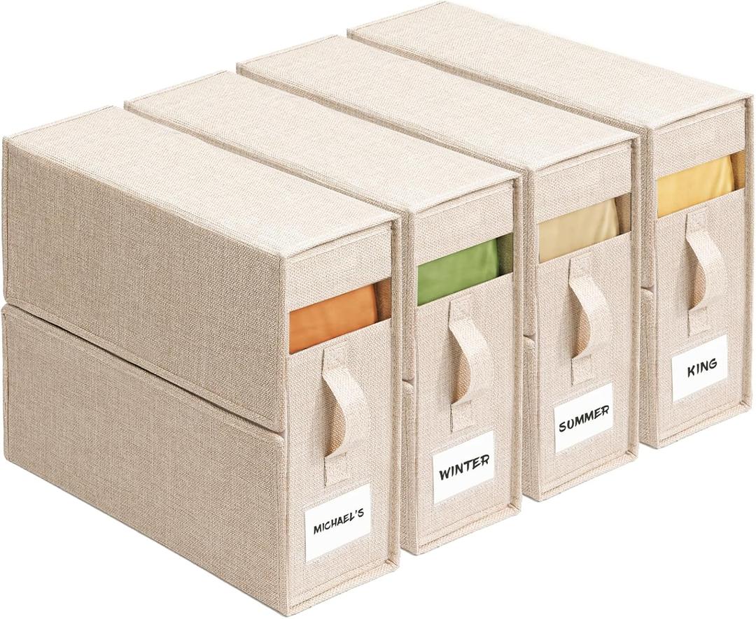 4 Pack Sheet Storage Organizer (King & Queen Size) with handle, Foldable Sheet Set Organizer for Linen Closet, Sheet Organizer for Blanket, Coverlet and Towel, Beige