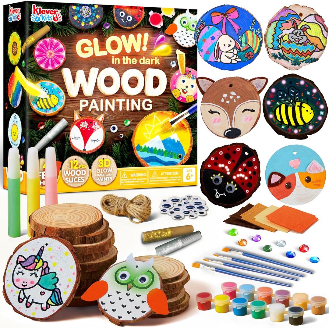 Klever Kits Wooden Painting Craft Kit-Glow in The Dark- Arts and Crafts for Kids Ages 6-12 Wood Slices with Art Activitiy Supplies, Wood Crafts for Boys Girls Party Gift Easter Painting