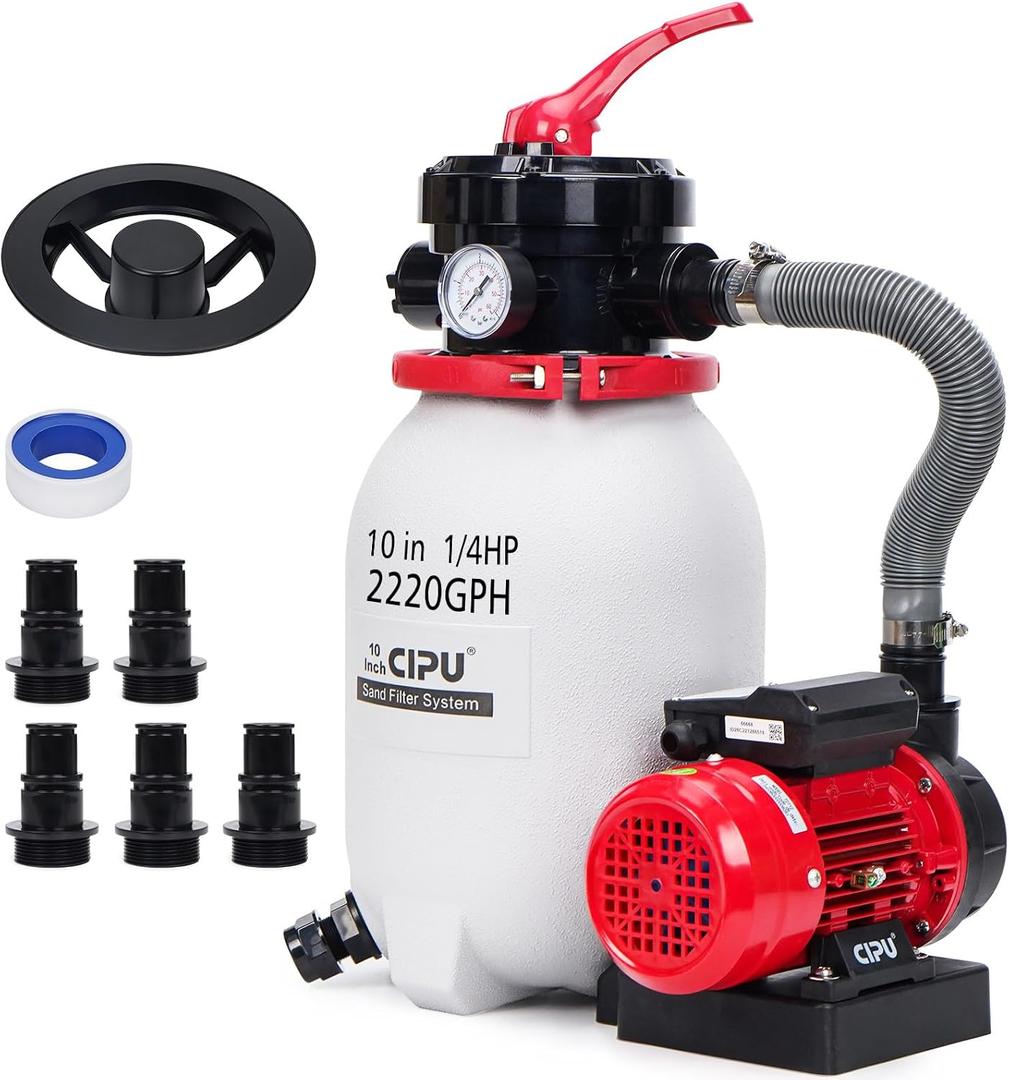 CIPU 10-inch Sand Filter Pump System Handy 4-Way Valve for Above Ground Pools with 0.25HP Pool Pump 115V 6-Foot Cord to Easy Installation
