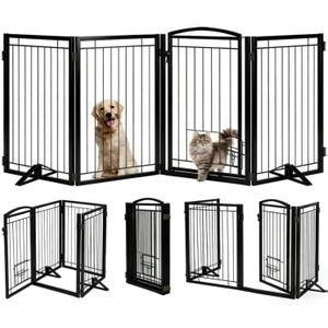 Full Metal Freestanding Dog Gate with Cat Door for Indoor & Outdoor,32" Tall Foldable Dog Fence,80" Extra Wide Freestanding Pet Gate for Large Openings,Stairs,Deck,Yard,Doorways(4 Panels,Black)