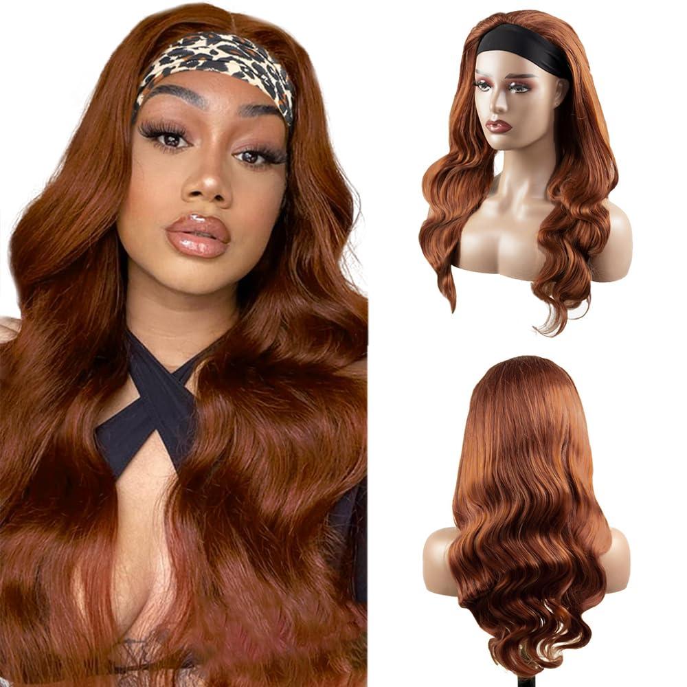 30 Inch #30 Light Brown Headband Wigs Human Hair Body Wave Wigs for Black Women Brazilian Virgin Hair Glueless None Lace Front Half Wig Wear and Go Brown Headband Wigs Human Hair