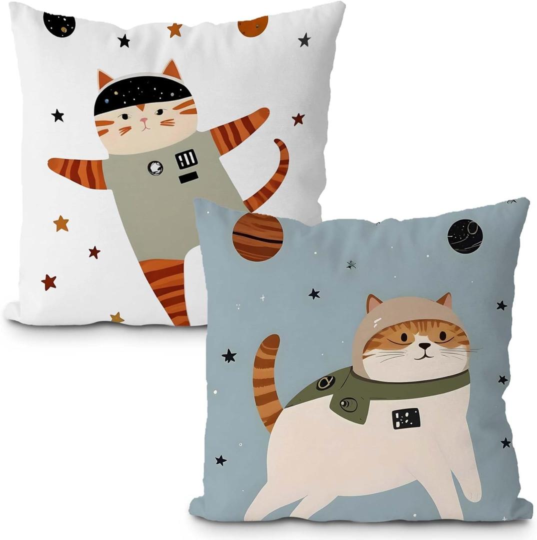 Space Cat Pillow Covers 18x18 Set of 2, Space Nursery Decor, Cosmic Planets Astronaut Cat Decorative Throw Pillow Covers for Kids Boys Room Playroom Nursery Decor