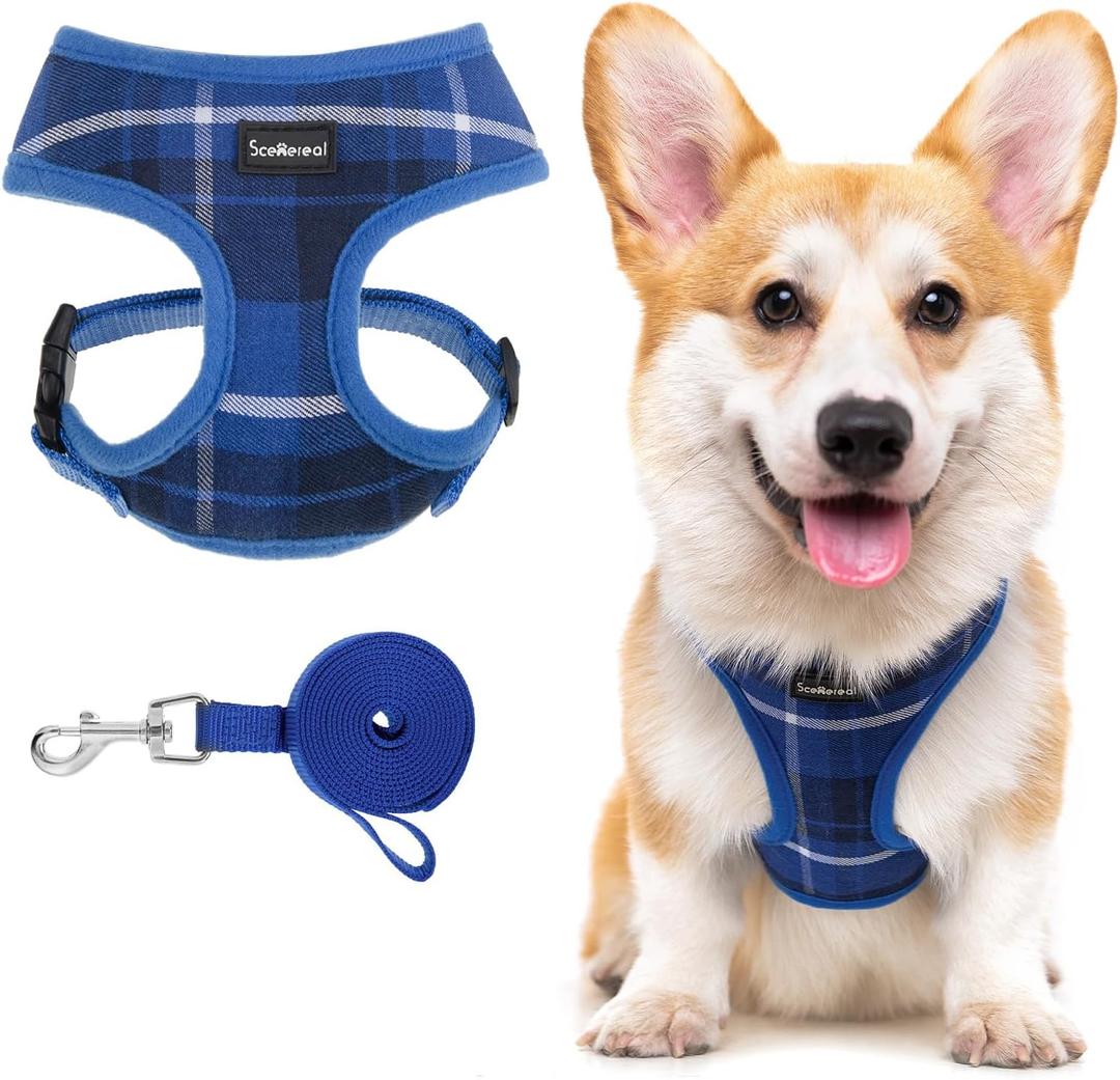 SCENEREAL Puppy Dog Harness with Leash Set for Small Medium Sized Dogs, Soft Mesh Step in Pet Harnesses and Leash, No Chock Plaid Adjustable No Pull Vest for Dogs Cats, Chihuahua,Bulldog (Blue M) (M: Chest Girth: 17"-21")