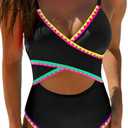 popvil Neon One Piece Swimsuit Women Tummt Control High Waisted Cut Out Bathing Suit Color Block Shell Stitch 2025 Swim Suits, L