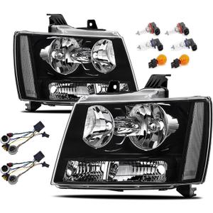 Headlights Assembly w/Bulbs & Harness compatible with 2007-2013 Chevy Tahoe Avalanche Suburban Halogen Head Light Headlamp Assembly, Black Housing Clear Side (w/Bulb sets)