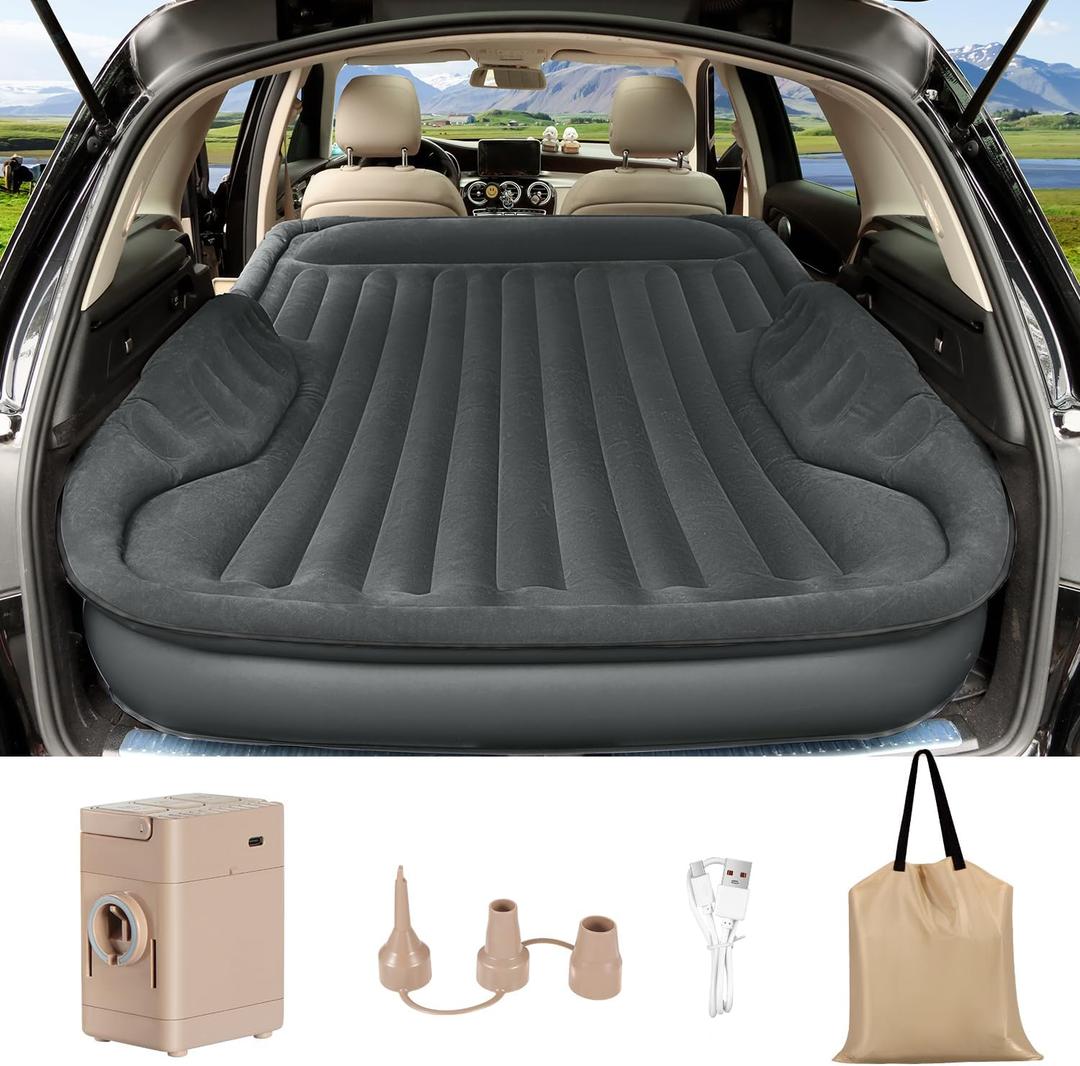 Self-Inflating SUV Air Mattress with Built in Electric Pump，car air Mattress with Pillow for Trunk，Portable car Mattress for Travle and Camping, Dark Grey