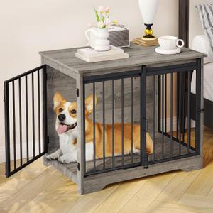 Hzuaneri 31.9" Dog Crate Furniture with Barn Door, Heavy Duty Dog Kennel Indoor with 2 Doors, Wooden Pet Cage End Table for Small Medium Dogs up to 44 lb, Anti-Chew Anti-Escape, Greige DFC83605B