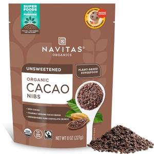 Navitas Organics Cacao Nibs  Unsweetened Dark Chocolate Crunch  Antioxidants, Minerals, Fiber  For Trail Mix, Baking & More  USDA Organic, Fairtrade, Non GMO, Gluten Free, Non-alkalized (8oz. Bag 76 Servings) (8 Ounce (Pack of 1))
