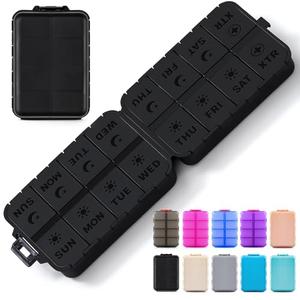 Foldable & Portable Pill Organizer 2 Times A Day with Extra Compartments - Etched Labels - Weekly 7 Day AM PM Medicine Box, Week Daily Travel Pill Case Holder Dispenser for Vitamin, Supplement - Black