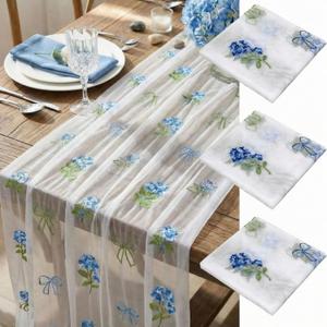 Mindsoft 3 Pcs Hydrangea Floral Table Runner 10ft Gauze Embroidery Blue Hydrangea Decor Flower Spring Summer Tulle Lace Table Runner for Wedding Bridal Baby Shower Holiday Dining Decor DIY, 10ft x 29in