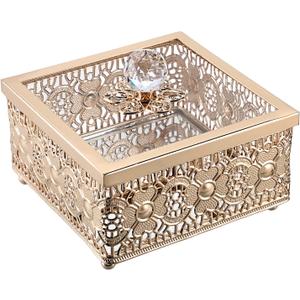 Hipiwe Vintage Gold Jewelry Box with Glass Lid Mirrored Trinket Box Square Hollow Out Metal Decorative Box for Rings Earrings Antique Treasure Chest Box Keepsake Box Gift for Women (Large)