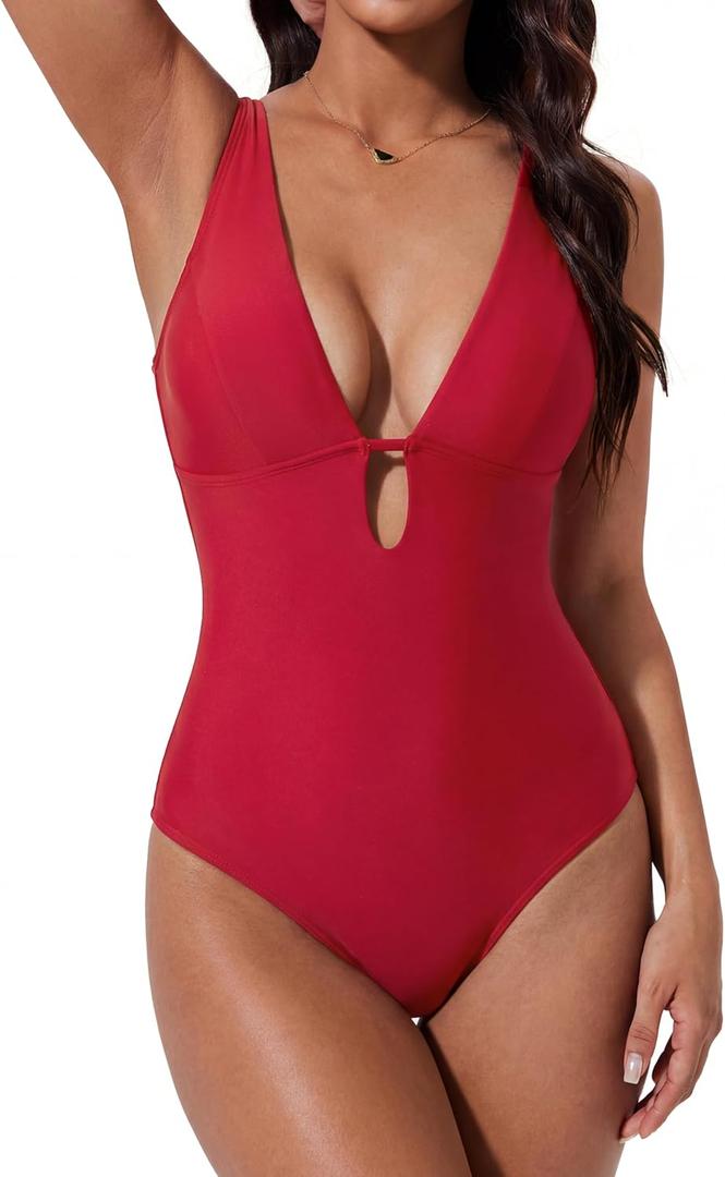 SUUKSESS Women One Piece Tummy Control Swimsuit Deep V Neck Cutout Bathing Suit (Large, Red)