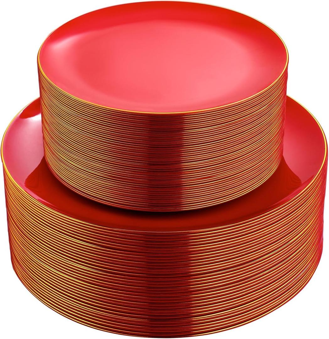 PULOTE 100PCS Red Plastic Plates Disposable Heavy Duty - Include 50 Dinner / 50 Dessert Plates for Party & Christmas