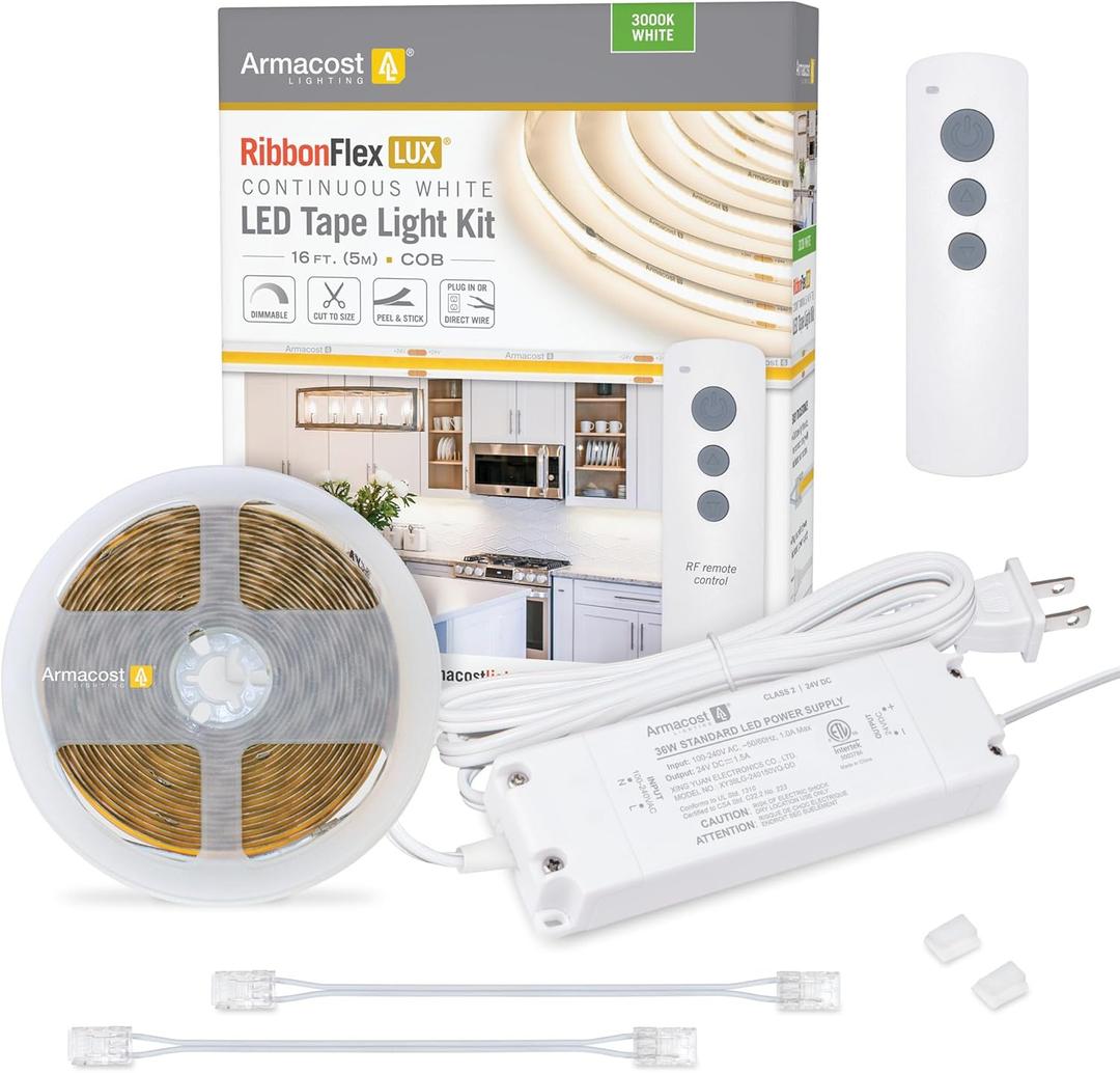 Armacost Lighting RibbonFlex Home Continuous (COB) LED Tape Light Kit with Remote - 16ft. (5M),Continuous (Cob) 3000k White