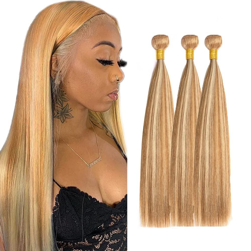 P27/613 Highlight Honey Blonde Bundles Human Hair Blonde Straight Bundles 20 22 24 Inch Unprocessed Brazilian Virgin Hair 3 Bundle 50 Gram Per Bundle Deals Quick Weave Hair Extensions
