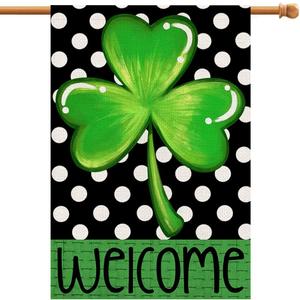 Lucky Shamrock St Patricks Day House Flag 28x40 Inch Double Sided Burlap, Welcome Seasonal Sign Large Flag Farmhouse Yard Outdoor Decorations DF189-28