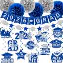 Blue and Silver Graduation Decorations, 2026 Grad Banner and Congrats Grad Hanging Swirls, Blue Graduation Banner Graduations Hanging Swirls College Graduations Party Decorations Class of 2026