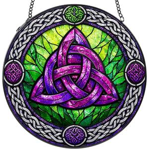 Stained Glass Window Hanging Suncatcher, 8" Round Celtic Knot Sun Catcher, Purple and Green Decorative Glass Art for Home Garden, Gift for Women Mom Gradma