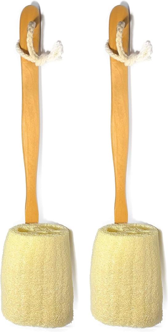 2 Pack Natural Exfoliating Loofah luffa loofa Bath Brush On a Stick - with Long Wooden Handle Back Brush for Men & Women - Shower Sponge Body Back Scrubber