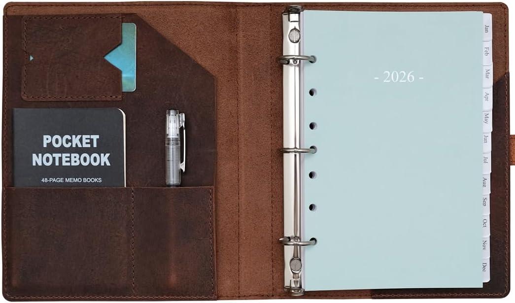 Fan&Ran 2026 Leather Planner 5.5"x8.5" with 3-Ring Leather Binder, 2026 Full Year Weekly & Monthly Pages, Interior Pockets, Refillable