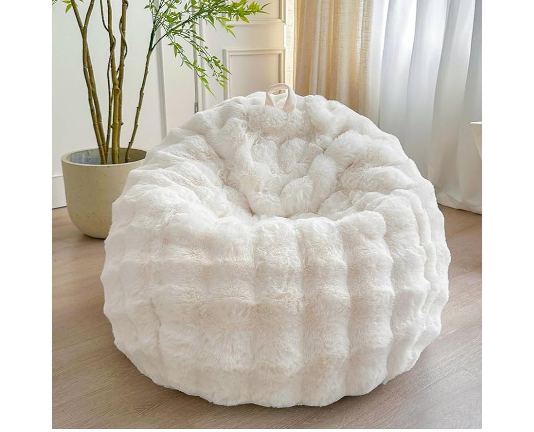 LIFEREVO Kids Faux Rabbit Fur Bean Bag Chair Cover (No Filler), Soft Luxury Fuzzy Stuffed Animal Storage Bubble Bean Bag Home Decor, Comfy Shaggy Furry Beanbag Cover Kids Girls Adults, Beige