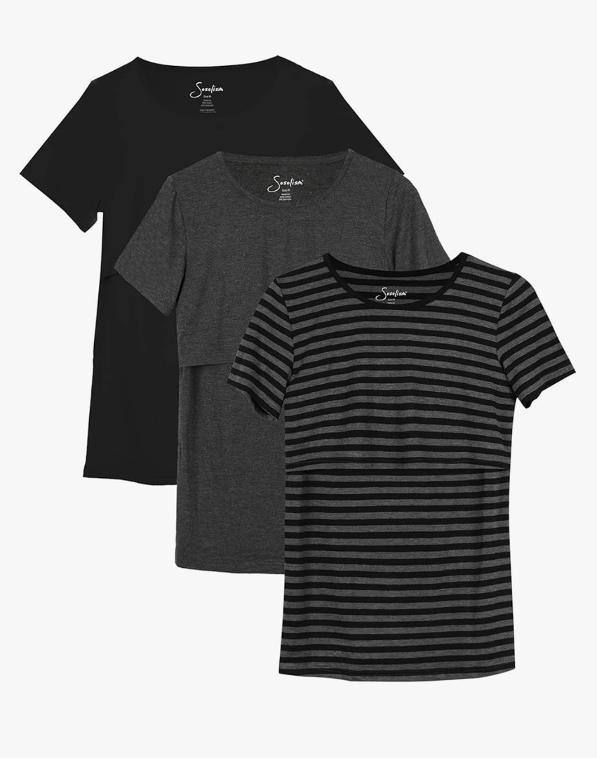 Sosolism 3 Pack Nursing Top Summer Short Sleeve Breastfeeding Shirts for Women Casual Round Neck Pumping T-Shirts, Size 2XL
