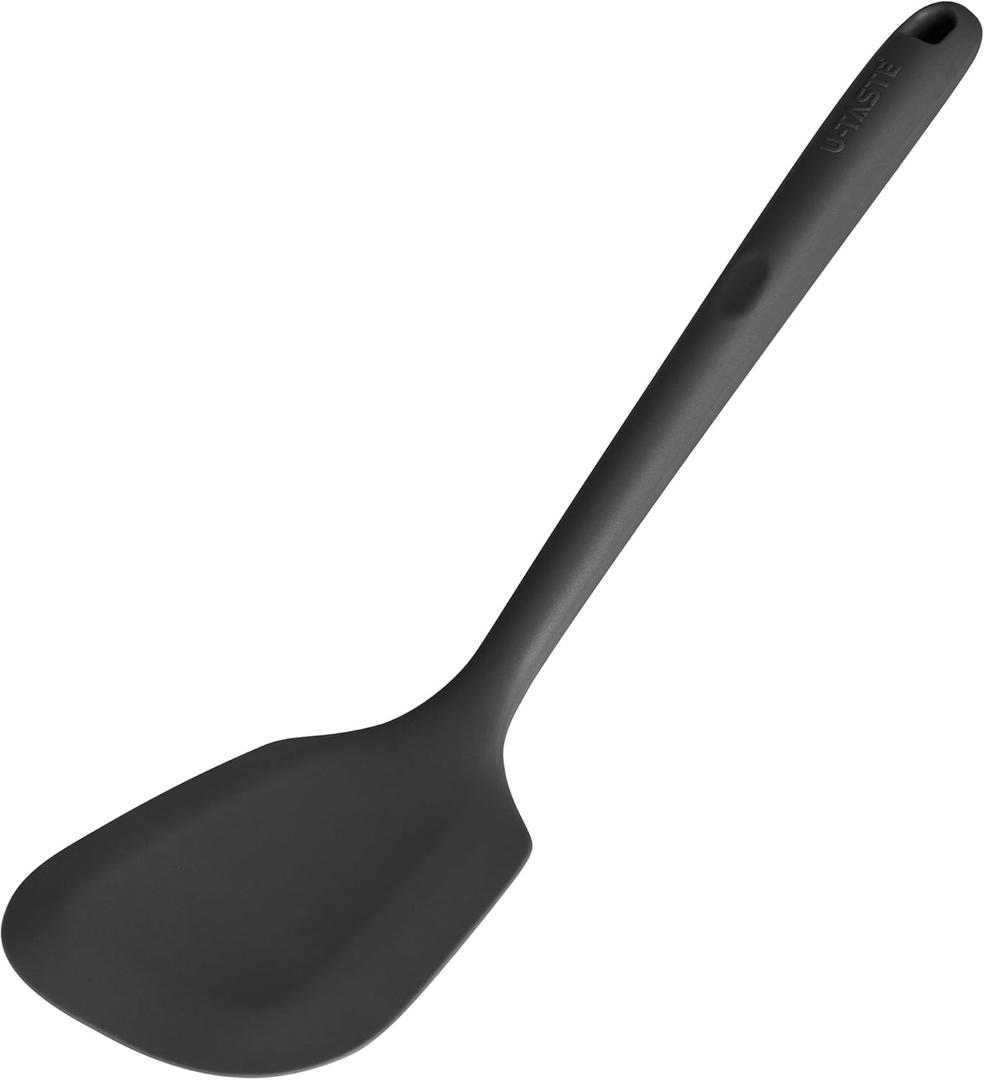 600F Heat Resistant Silicone Turner: U-Taste 13.6in Solid Kitchen Spatula Flipper, Food Grade Flexible & Thin Rubber Seamless Cooking Utensil for Flipping Egg, Pancake in Nonstick Cookware (Black)