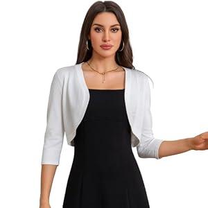Women's Cropped 3/ 4 Sleeve Knit Cardigan - Open Front Bolero Shrug (White-S)