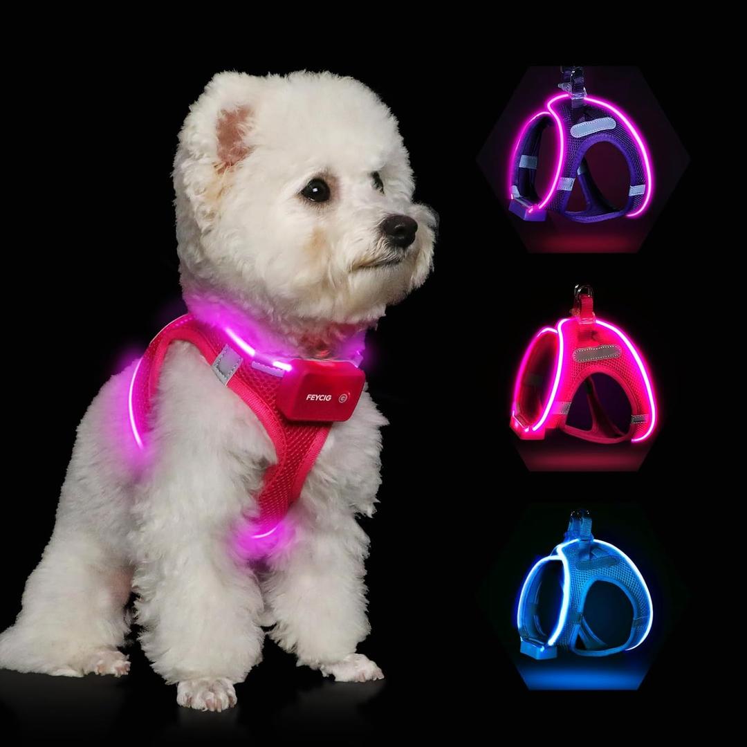 Light Up Dog Harness, Rechargeable LED Dog Harness for Small Medium Large Dogs, Reflective Lighted Safety Vest for Night Walking & Camping, Lightweight & Adjustable, Pink, L