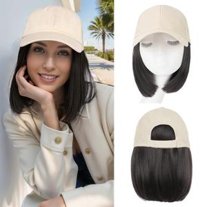 FORCUTEU Hat Wigs for Women Baseball Cap with Hair Extensions Short Straight Bob Hairstyle Caps with Hair Attached Adjustable Baseball Cap Wig for Daily Party(12inch)