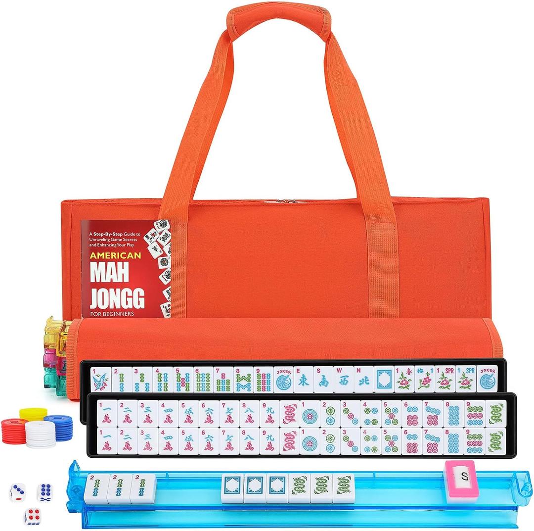 American Mahjong Tile Set,166 Orange Tiles Mahjong Set,4 Colors Mahjong Racks,Travel Mahjong Set with Orange Carrying Bag, 1.2" x 0.9" x 0.5"