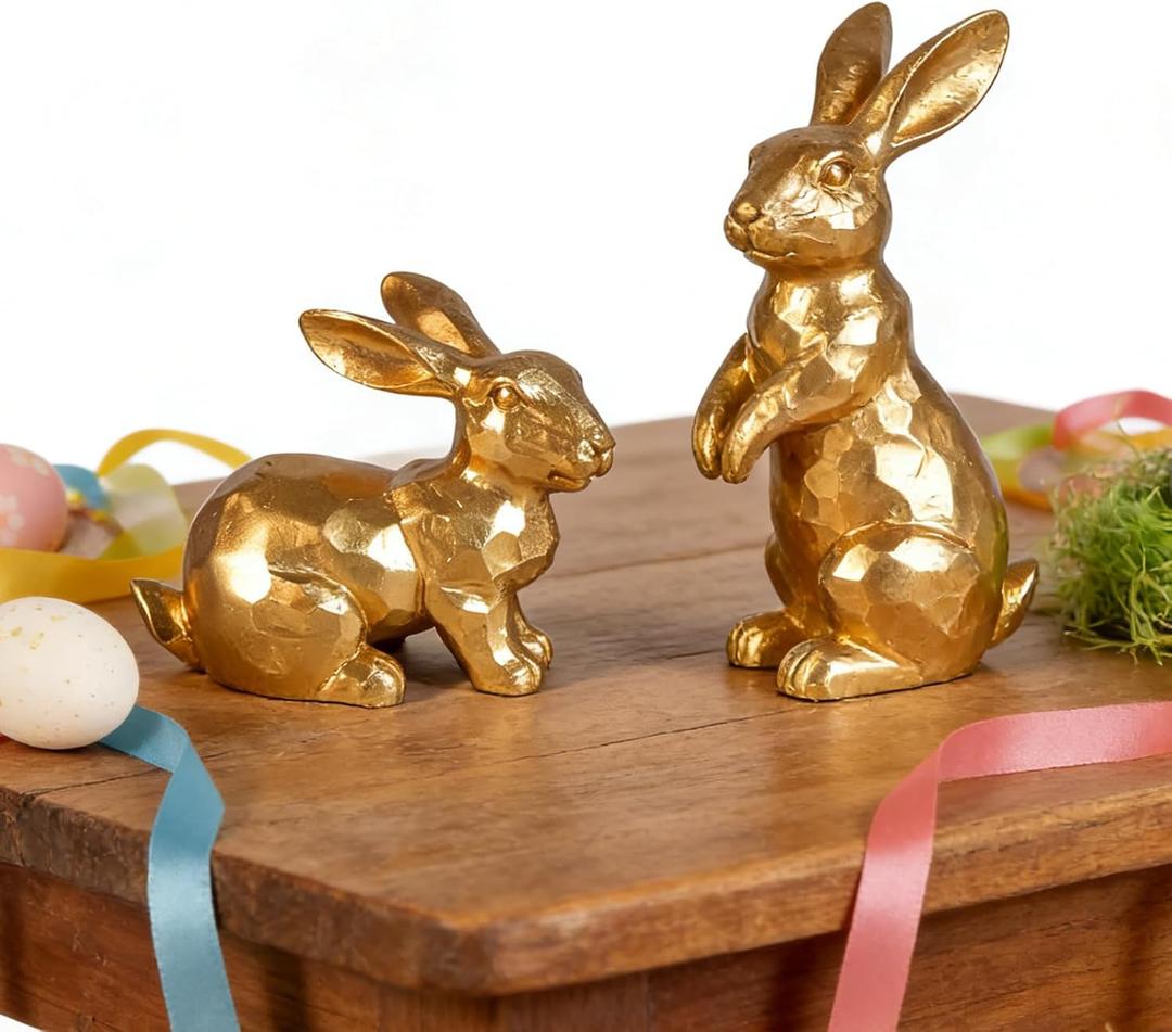 Easter Bunny Decorations,Vintage Gold Rabbit Figurine, Small Resin Bunnies for Home Spring Farmhouse Decor (Gold Faceted-2PCS)