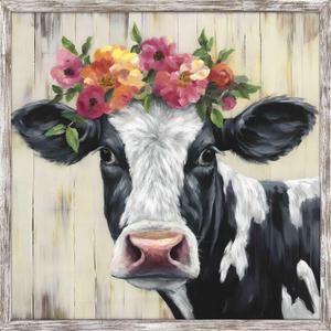 Black and White Cow Wood Wall Art: Country Framed Artwork Rustic Cow Painting Farmhouse Picture Decoration for Living Room Bedroom Bathroom Kitchen Office Ready to Hang
