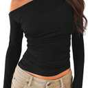 SHENHE Women's Off Shoulder Long Sleeve Fitted Tee Shirt Boat Neck Dressy Going Out Top (Large, Black)