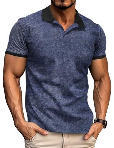 HBZDQB Mens V Neck Polo Shirts Contrast Collar Short Sleeve T-Shirt Ribbed Knit Vintage Muscle Golf Shirts Blue XXL