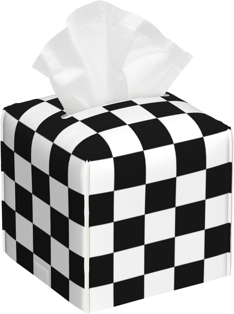 Black and White Checkerboard Tissue Box Cover Square,Square Grid Checkered Tissue Box Holder Waterproof Leather Facial Paper Organizer Dispenser for Bathroom Home Car Nightstand Vanity Desk (Color-21)