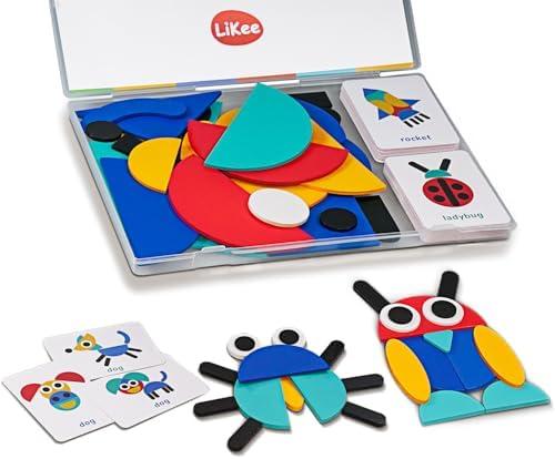 LiKee Open-Ended Wooden Shape Puzzles (36 Blocks&60 Cards) for Toddlers 3+ Years Old, Montessori Development Toys, Preschool Education Activity, Travel Toy Board Games for Kids 4-8 Yrs