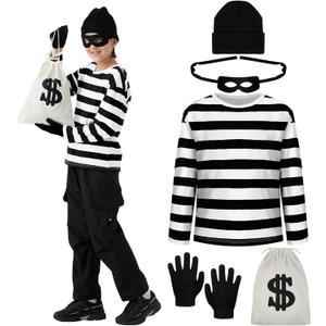 5PCS Kids Robber Costume Set,Bank Burglar Costume Shirt with Accessories,Halloween Robber Cosplay Outfits for Boys Girls (L(11-13yrs))