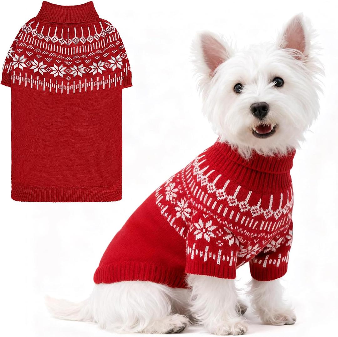 EXPAWLORER Turtleneck Knit Dog Sweater - Dog Clothes Fair Isle Snowflake Design, Warm Puppy Sweater Apparel, British Style Winter Pet Outfit Pullover for Small Medium Large Dogs Cats, Red L