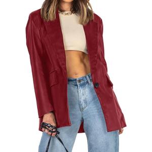 Pepochic Womens Oversized Faux Leather Jacket Long Sleeve Blazer Lapel | Button Down, Shacket Coat, with Pockets (Red)