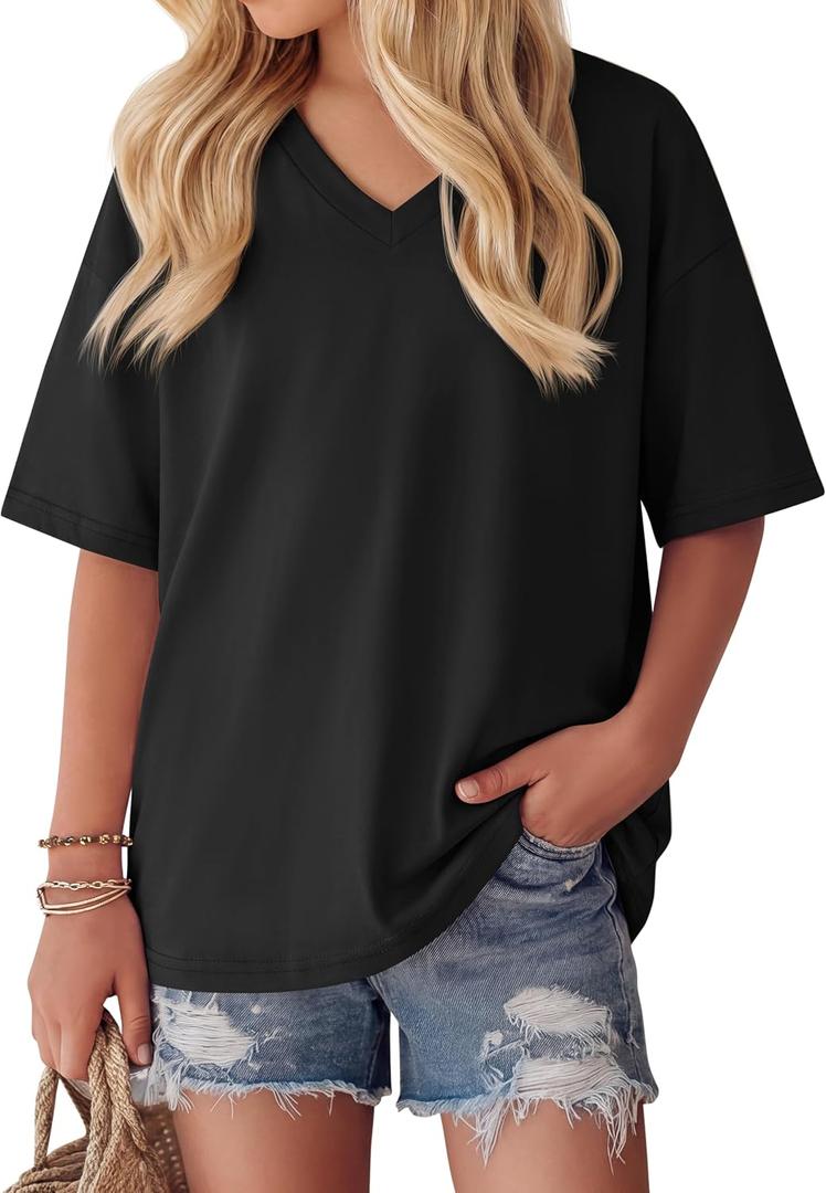 Oakgarden Girls' Shirts 5-14 Years Oversized Short Sleeve Summer T-Shirts V Neck Drop Shoulder Top Kids Casual Basic Cute Tee (Black)