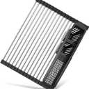 Roll Up Dish Drying Rack,Expandable Over The Sink Dish Drainer,Stainless Steel Kitchen Rolling Sink Rack with Utensil Holder,Length Up to 22.3" (Black)