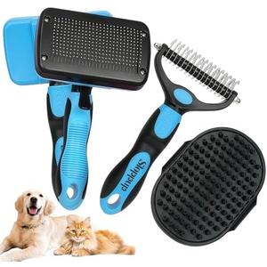 Histotree Blue Pet Grooming Kit 3Pcs Self-Cleaning Slicker Brush for Dogs&Cats Double-Sided Dematting&Deshedding Comb Dog Bath Massage Brush Professional Grooming Tools for Short&Long Hair Pets