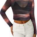 SOFIA'S CHOICE Women's Tie Dye Sheer Crop Tops Mesh Mock Neck Long Sleeve T Shirt Brown X-Large (Brown, XL)