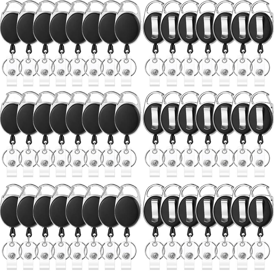 50 Pcs Badge Reels Retractable Heavy Duty Id Badge Holders Retractable Clip Keychain Bulk with Carabiner Lanyard Key Ring for Office Work Employee Nurse ID Card and Keychain (Black)