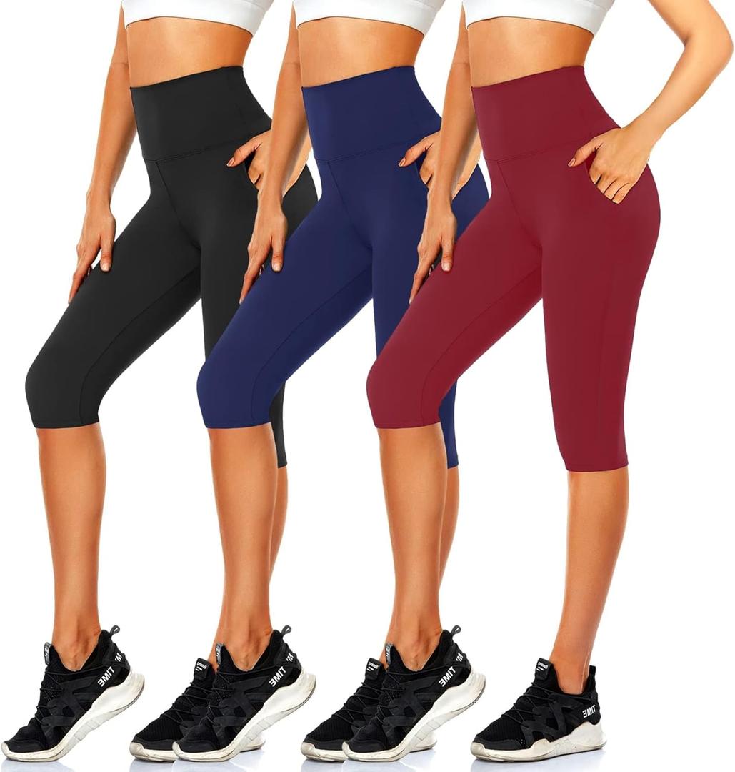 CTHH 3 Pack Capri Pants with Pockets - High Waisted Knee Length Yoga Leggings, Workout Biker Shorts for Women Running Summer L/XL