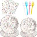 96 Pcs Donut Plates and Napkins Party Supplies Include Sprinkles Paper Plates, 2 Ply Cocktail Napkins, Plastic Forks Disposable Tableware for Baby Shower Birthday Party for 24 Guest (Scalloped)